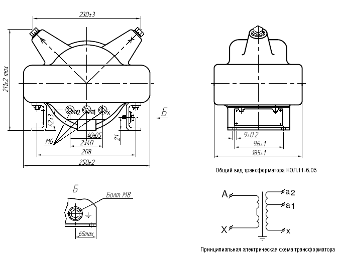 Общий вид трансформаторов НОЛ.11-6.05и принципиальная электрическая схема трансформатора НОЛ.11-6.05