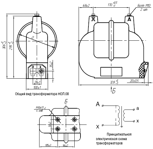 Общий вид трансформаторов НОЛ.08 и принципиальная электрическая схема трансформатора НОЛ.08